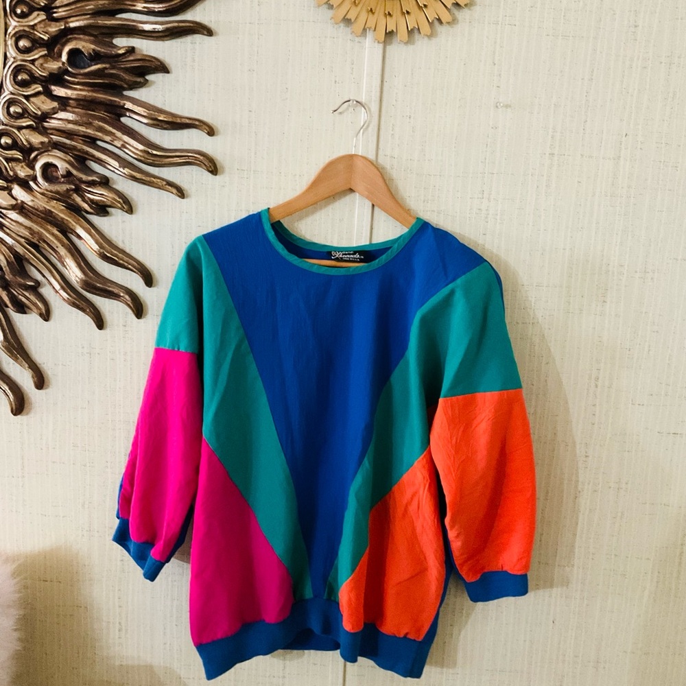Silver Threads Vintage Color Block Top Sz Med B3